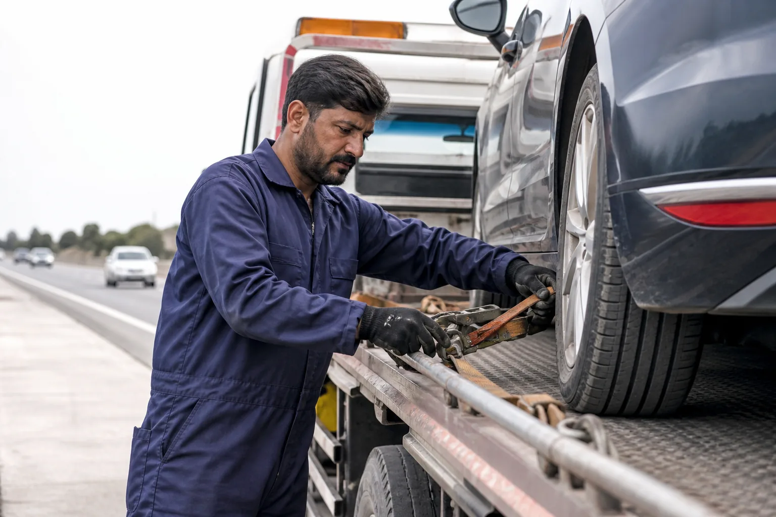 Experienced recovery operator securing a vehicle on a flatbed truck