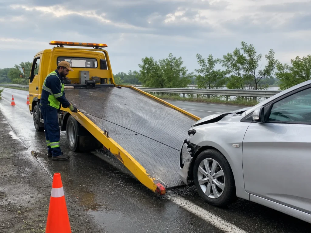 Recovery operator loading a damaged car onto a flatbed towing truck