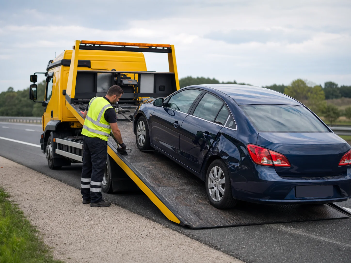 Recovery operator loading a damaged car onto a flatbed truck