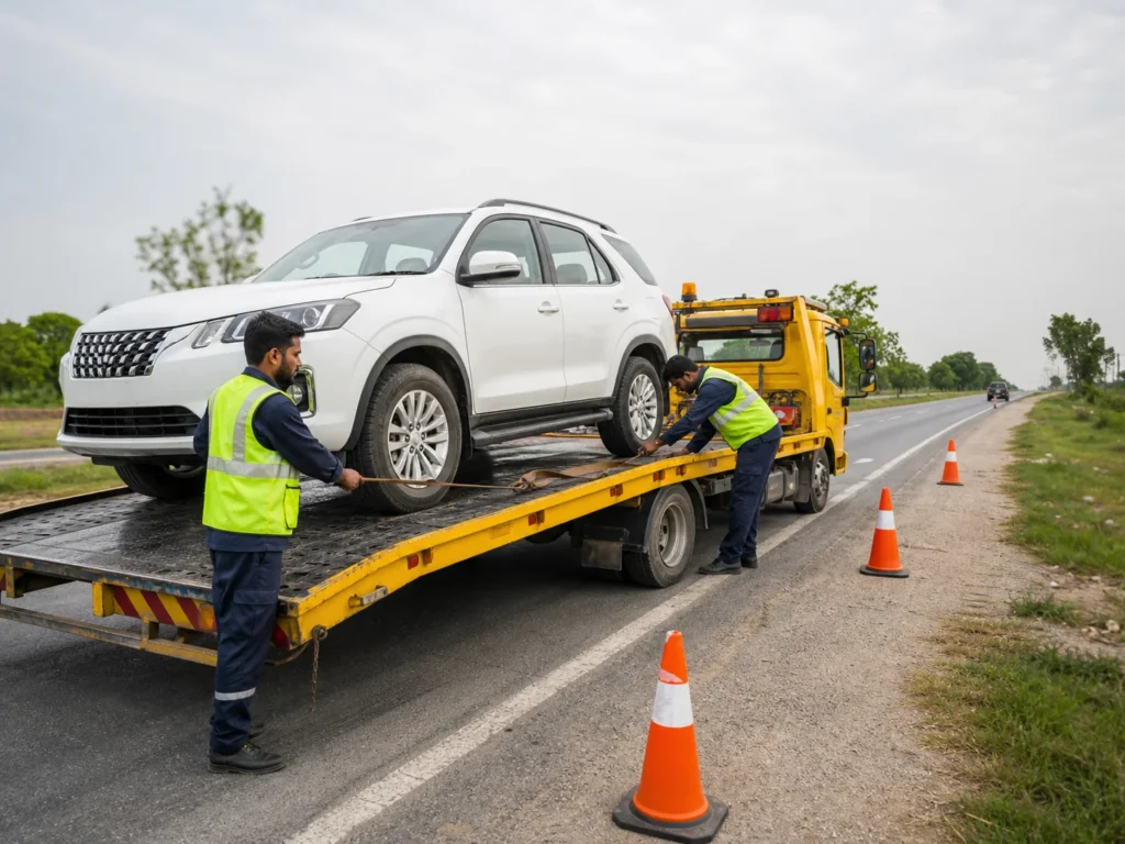 Recovery operator loading a car onto a flatbed towing truck