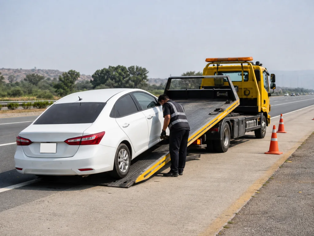 Recovery truck loading a car for towing on a Pakistan motorway