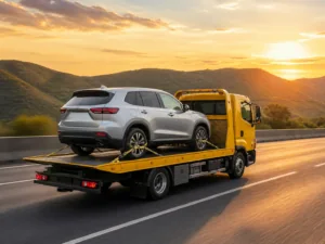 Car transported on a recovery truck across Pakistan