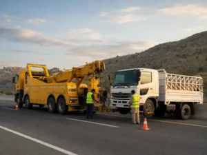 Heavy vehicle recovery team assisting trucks on the motorway