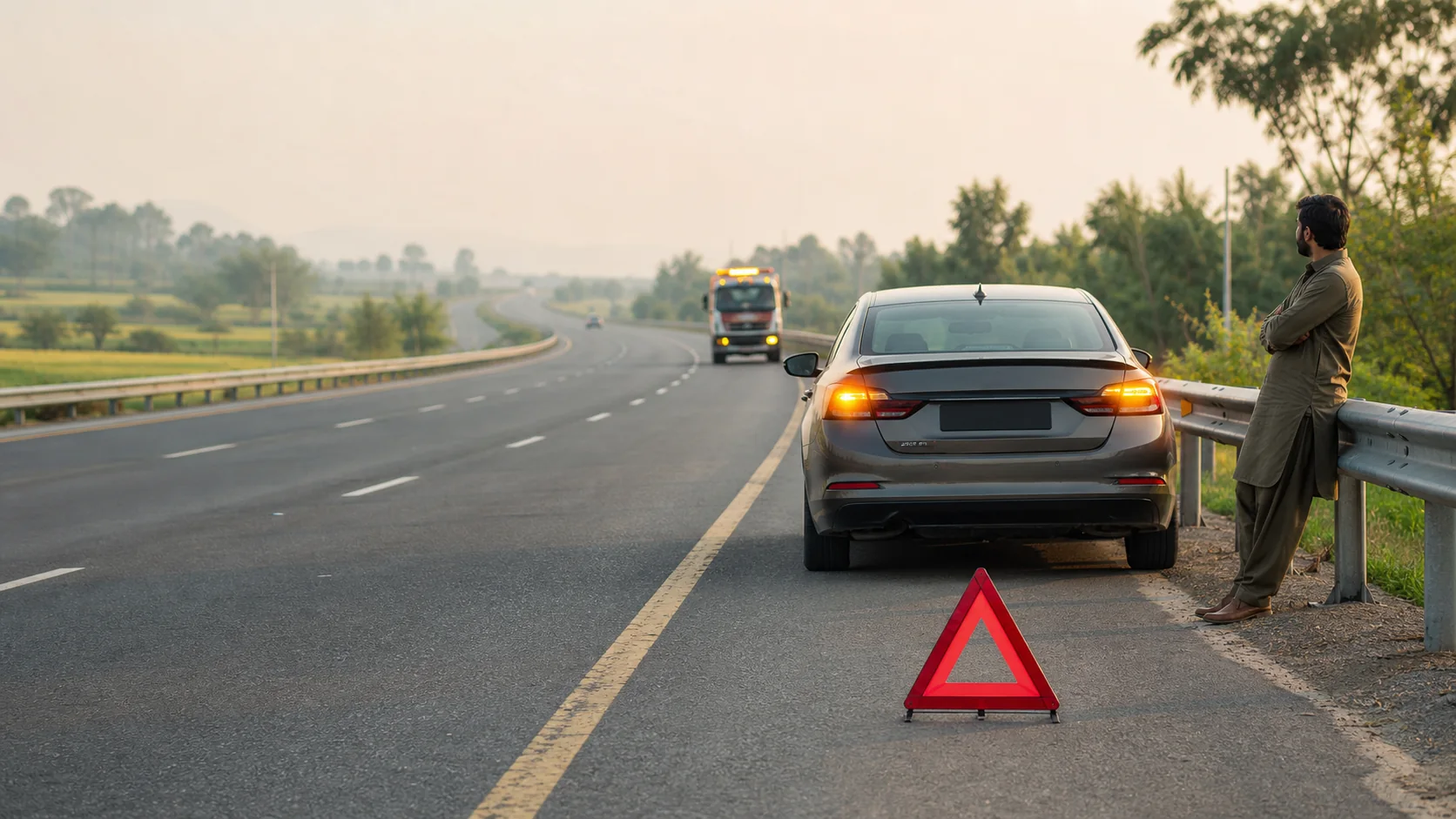 Driver waiting safely beside a disabled car on a motorway shoulder