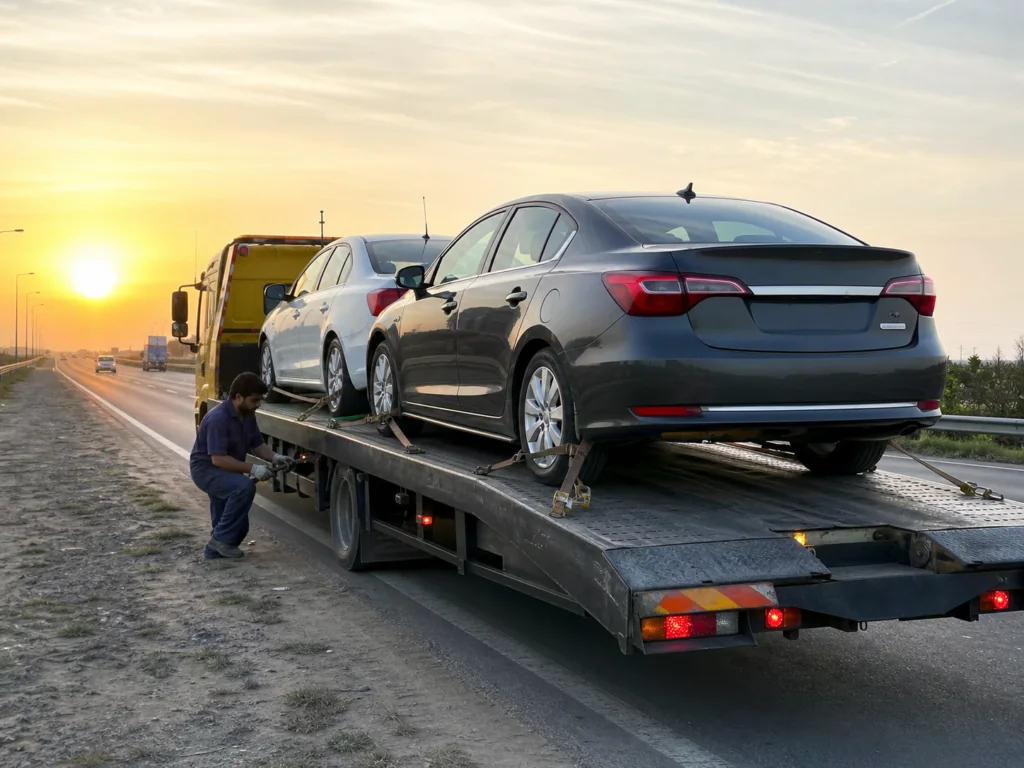 Two cars transported safely on a flatbed recovery truck