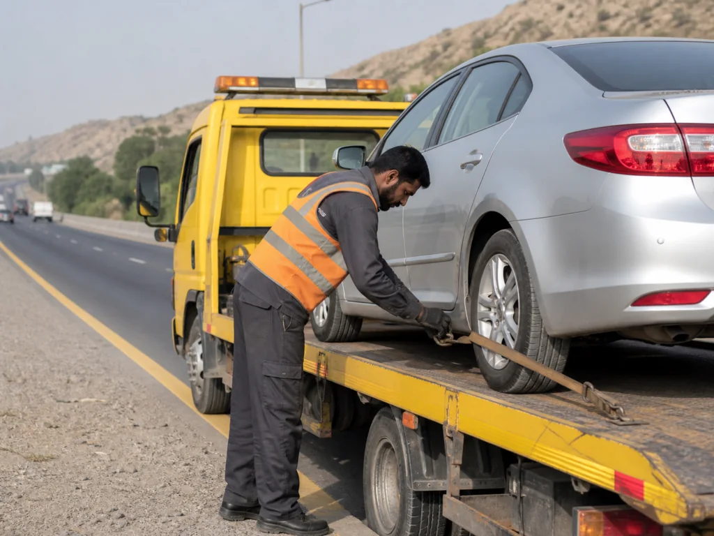 Operator securing a car on a flatbed recovery truck