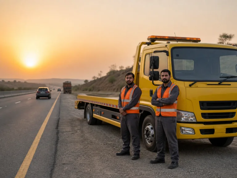 Soon Valley Recovery team beside a flatbed truck on the motorway