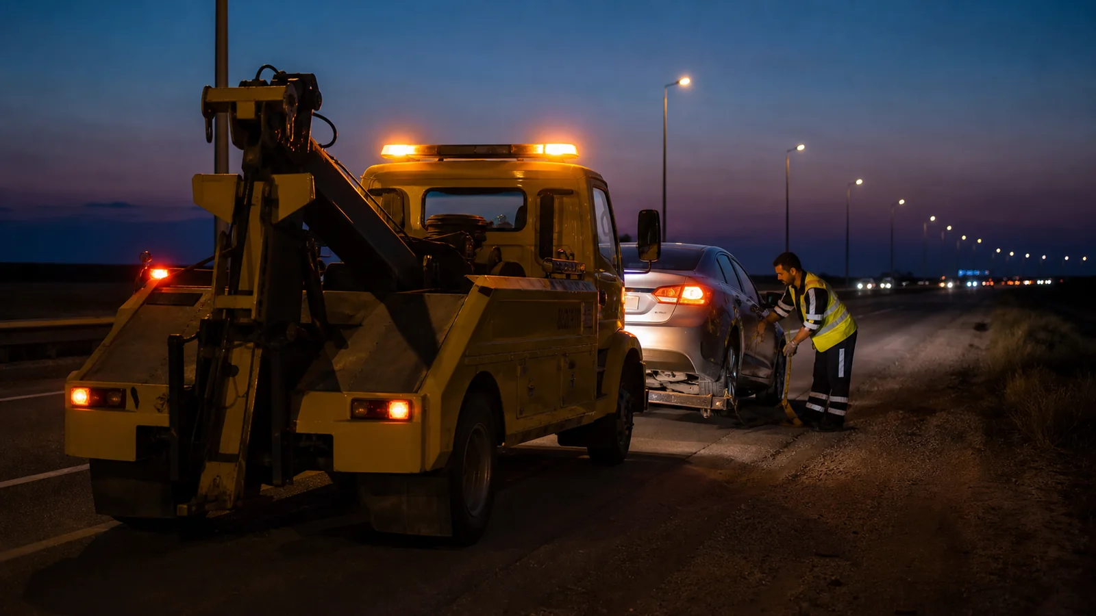 Night-time towing assistance on a motorway