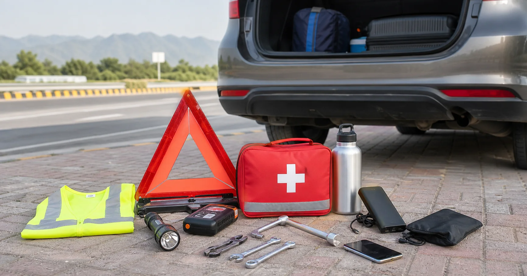 Emergency roadside safety kit prepared beside a vehicle